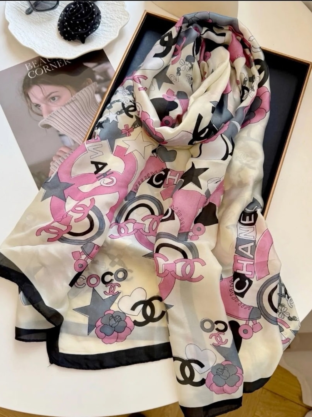 Chic Pink & Black Logo-Print Silk Scarf